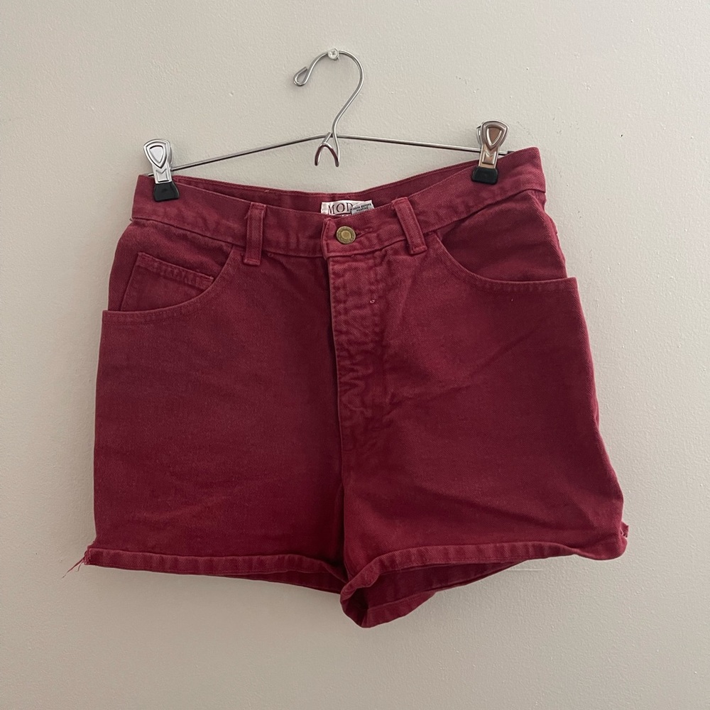 High waisted red denim shorts